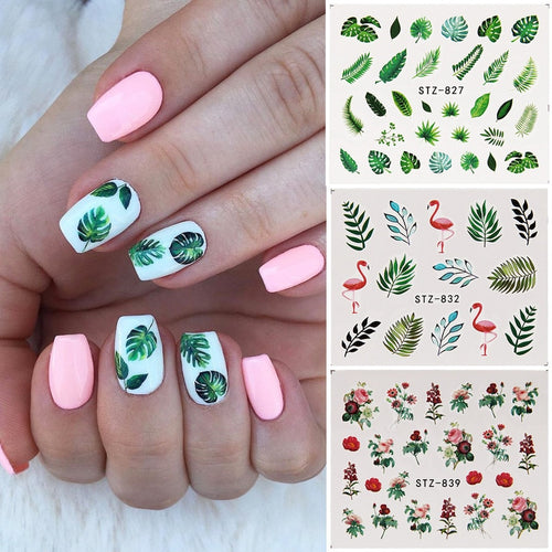 19 Designs Nail Stickers Green Leaf Flamingo Flowers Cactus Water Decals Nail Art Decorations Wraps Flakes Sliders Manicure