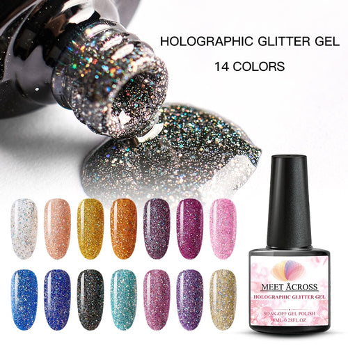 MEET ACROSS Holographic Glitter UV Gel Nail Polish Glitter Sequins Soak Off UV Gel Varnish Colorful Nail Gel Polish DIY Nail Art