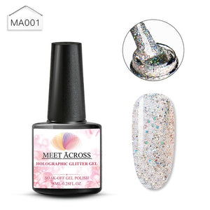 MEET ACROSS Holographic Glitter UV Gel Nail Polish Glitter Sequins Soak Off UV Gel Varnish Colorful Nail Gel Polish DIY Nail Art