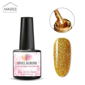 MEET ACROSS Holographic Glitter UV Gel Nail Polish Glitter Sequins Soak Off UV Gel Varnish Colorful Nail Gel Polish DIY Nail Art