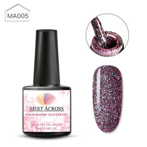 MEET ACROSS Holographic Glitter UV Gel Nail Polish Glitter Sequins Soak Off UV Gel Varnish Colorful Nail Gel Polish DIY Nail Art