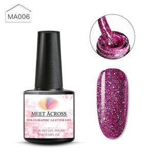 MEET ACROSS Holographic Glitter UV Gel Nail Polish Glitter Sequins Soak Off UV Gel Varnish Colorful Nail Gel Polish DIY Nail Art