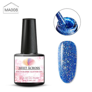 MEET ACROSS Holographic Glitter UV Gel Nail Polish Glitter Sequins Soak Off UV Gel Varnish Colorful Nail Gel Polish DIY Nail Art