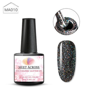 MEET ACROSS Holographic Glitter UV Gel Nail Polish Glitter Sequins Soak Off UV Gel Varnish Colorful Nail Gel Polish DIY Nail Art