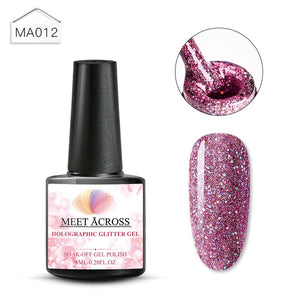 MEET ACROSS Holographic Glitter UV Gel Nail Polish Glitter Sequins Soak Off UV Gel Varnish Colorful Nail Gel Polish DIY Nail Art