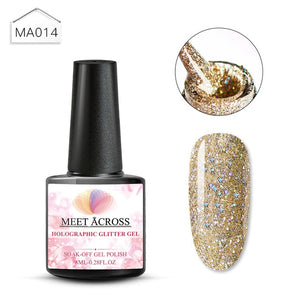 MEET ACROSS Holographic Glitter UV Gel Nail Polish Glitter Sequins Soak Off UV Gel Varnish Colorful Nail Gel Polish DIY Nail Art