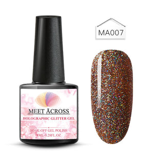 MEET ACROSS Holographic Glitter UV Gel Nail Polish Glitter Sequins Soak Off UV Gel Varnish Colorful Nail Gel Polish DIY Nail Art