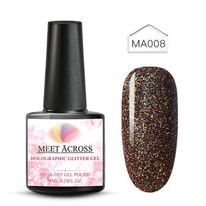 MEET ACROSS Holographic Glitter UV Gel Nail Polish Glitter Sequins Soak Off UV Gel Varnish Colorful Nail Gel Polish DIY Nail Art