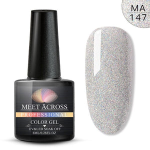 MEET ACROSS Holographic Glitter UV Gel Nail Polish Glitter Sequins Soak Off UV Gel Varnish Colorful Nail Gel Polish DIY Nail Art